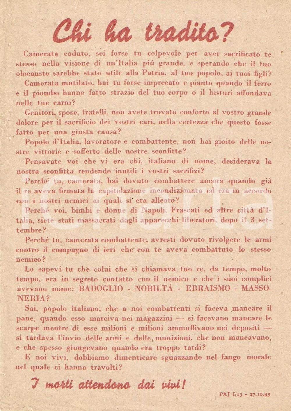 Documento originale, autentico 1943 PROPAGANDA RSI Non bisogna dimenticare chi ha tradito EBREI BADOGLIO 9 1