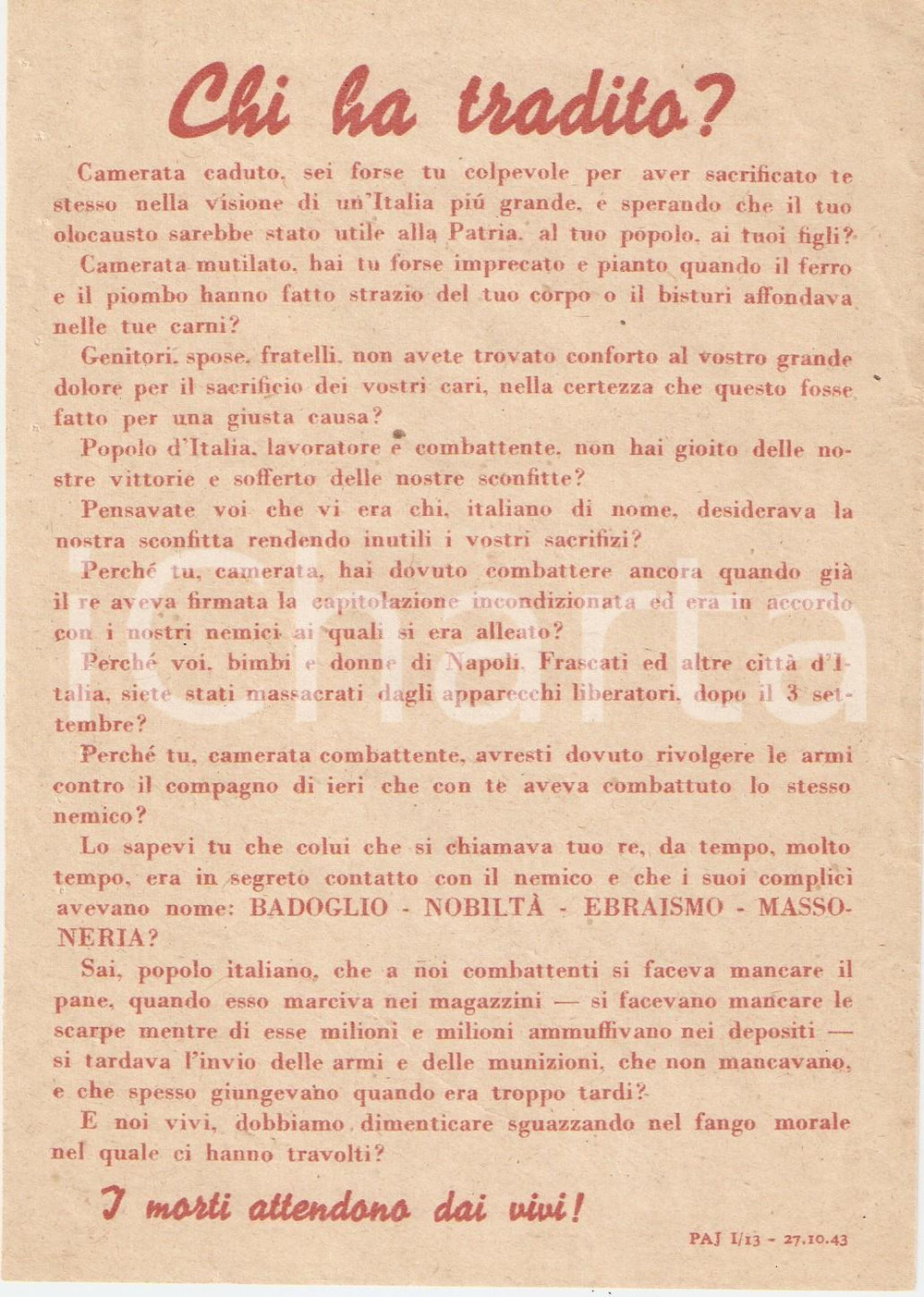 Documento originale, autentico 1943 PROPAGANDA RSI Non bisogna dimenticare chi ha tradito EBREI BADOGLIO 10 1