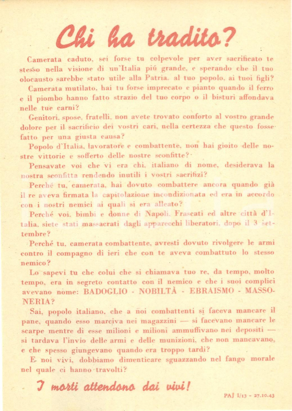 Documento originale, autentico 1943 PROPAGANDA RSI Non bisogna dimenticare chi ha tradito EBREI BADOGLIO 11 1