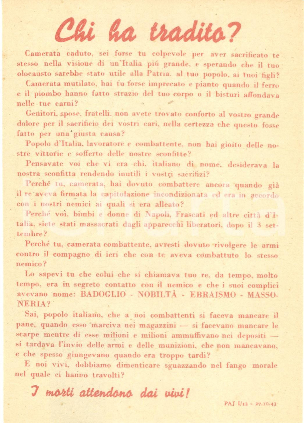 Documento originale, autentico 1943 PROPAGANDA RSI Non bisogna dimenticare chi ha tradito EBREI BADOGLIO 12 1