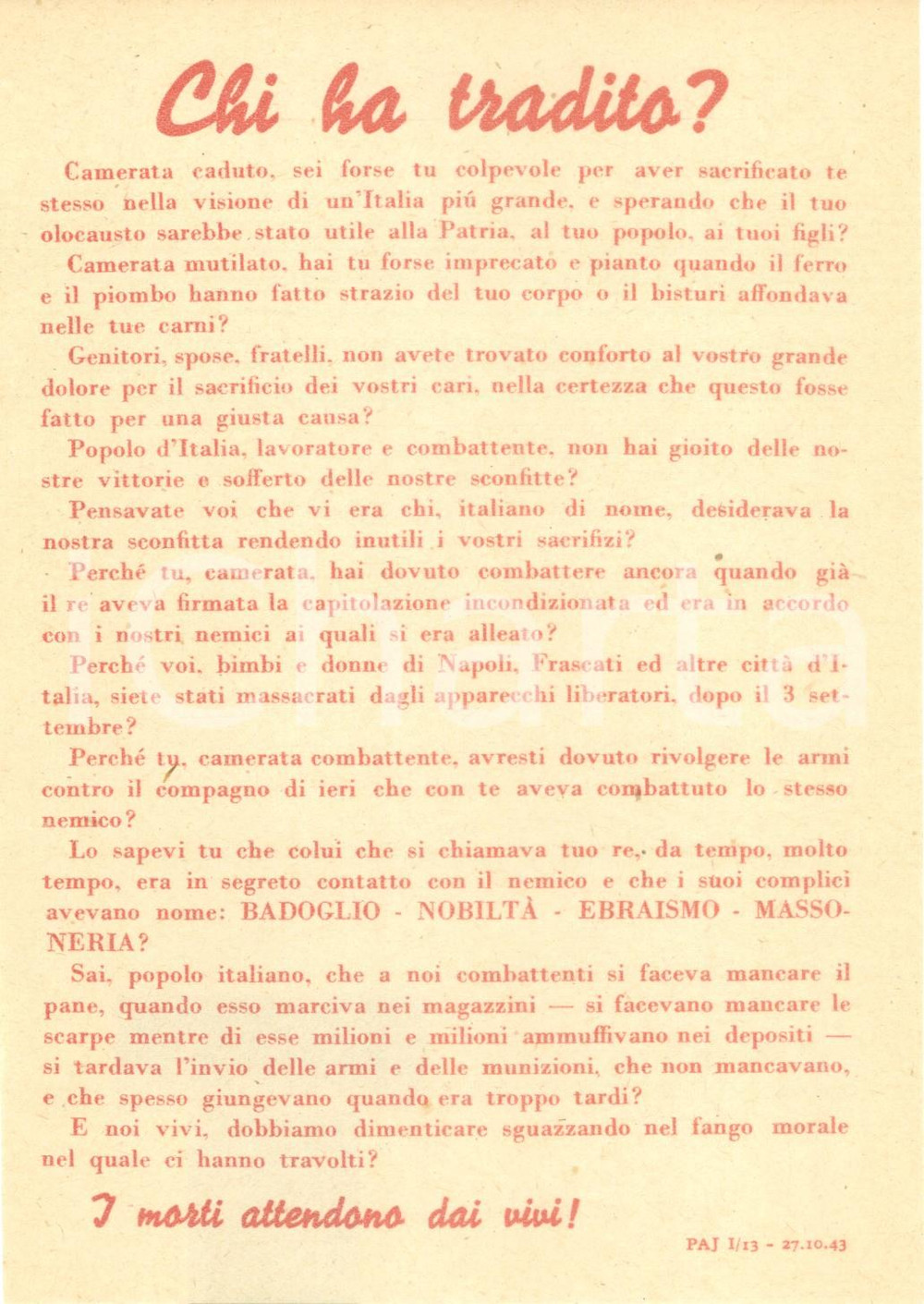 Documento originale, autentico 1943 PROPAGANDA RSI Non bisogna dimenticare chi ha tradito EBREI BADOGLIO 13 1