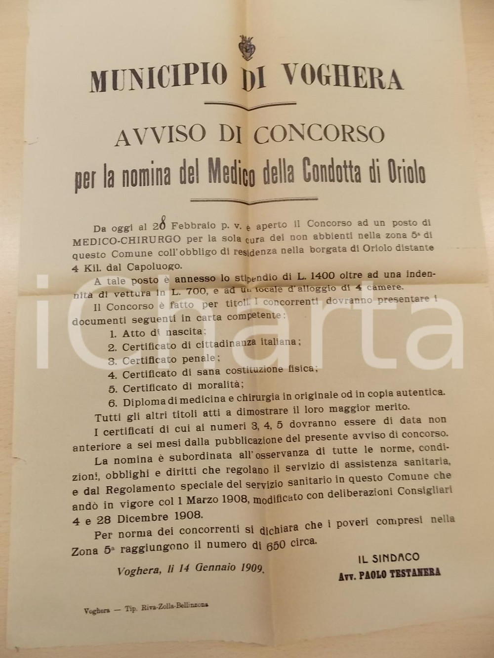 Documento originale, autentico 1909 VOGHERA PV Concorso per medico condotta di ORIOLO  Manifesto 32 x 44 1