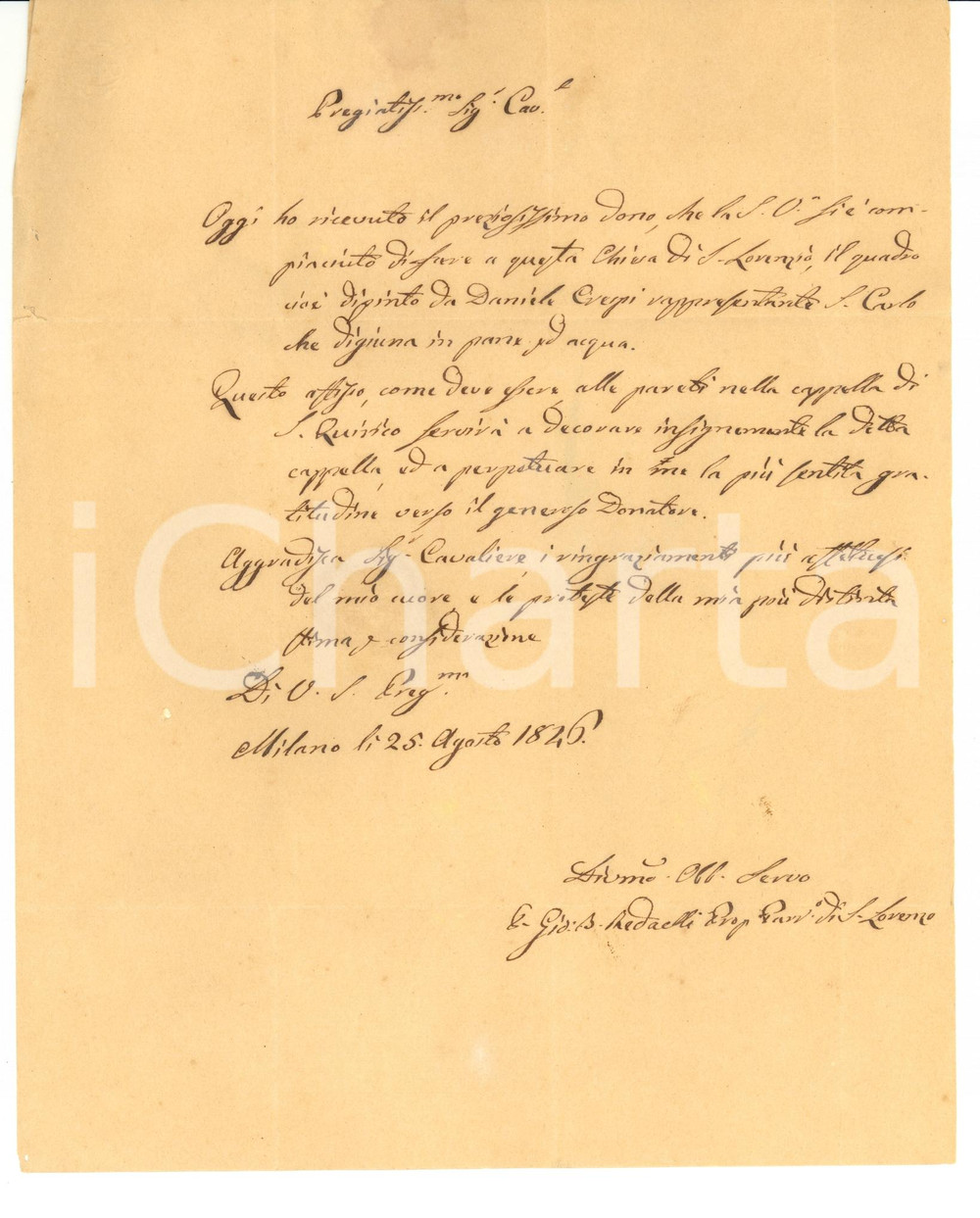 Documento originale, autentico 1846 MILANO Giuseppe CONSOLE DALL ARMI dona quadro a Basilica di SAN LORENZO 1