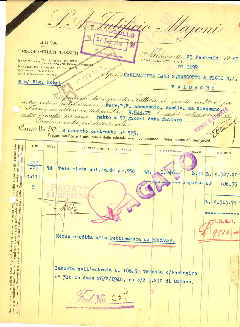 Documento originale, autentico 1940 MILANO Corso LITTORIO S. A. Jutificio MAJONI Fattura per tela mista 1
