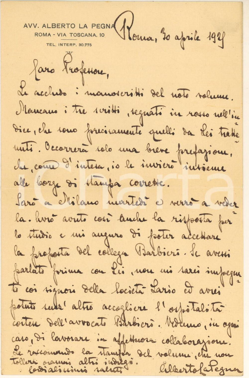 Autografo originale 1929 ROMA Alberto LA PEGNA ... non mi sarei impegnato con la società Lario... 1