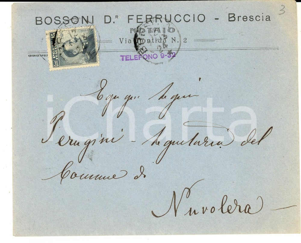 Documento originale, autentico 1913 STORIA POSTALE BRESCIA Busta notaio Ferruccio BOSSONI Affrancatura 15 cent. 1