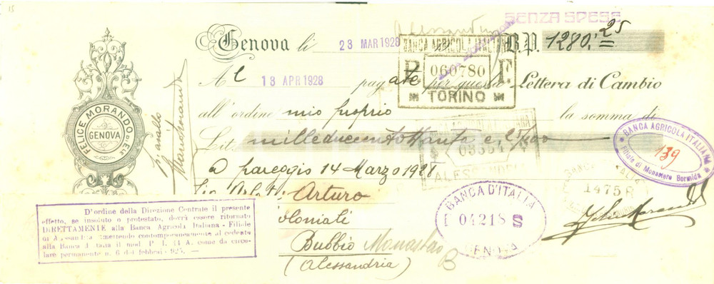 Documento originale, autentico 1928 GENOVA Ditta Felice MORANDO di Ele Cambiale pubblicitaria intestata 1