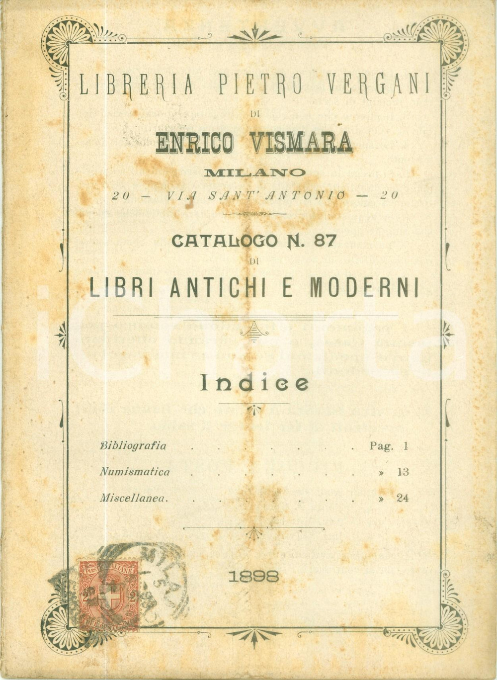 Libro, pubblicazione d epoca 1898 MILANO Libreria Pietro VISMARA di Enrico VISMARA Catalogo n. 87 1