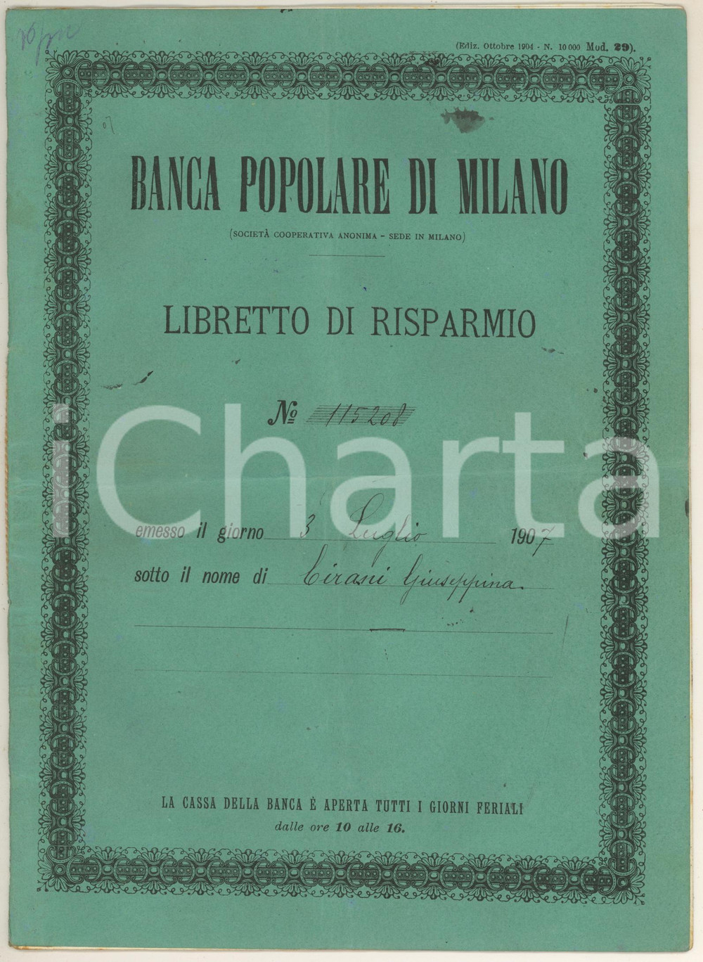 Oggetto da collezione cartaceo 1907 BANCA POPOLARE DI MILANO  Libretto di risparmio al portatore 1