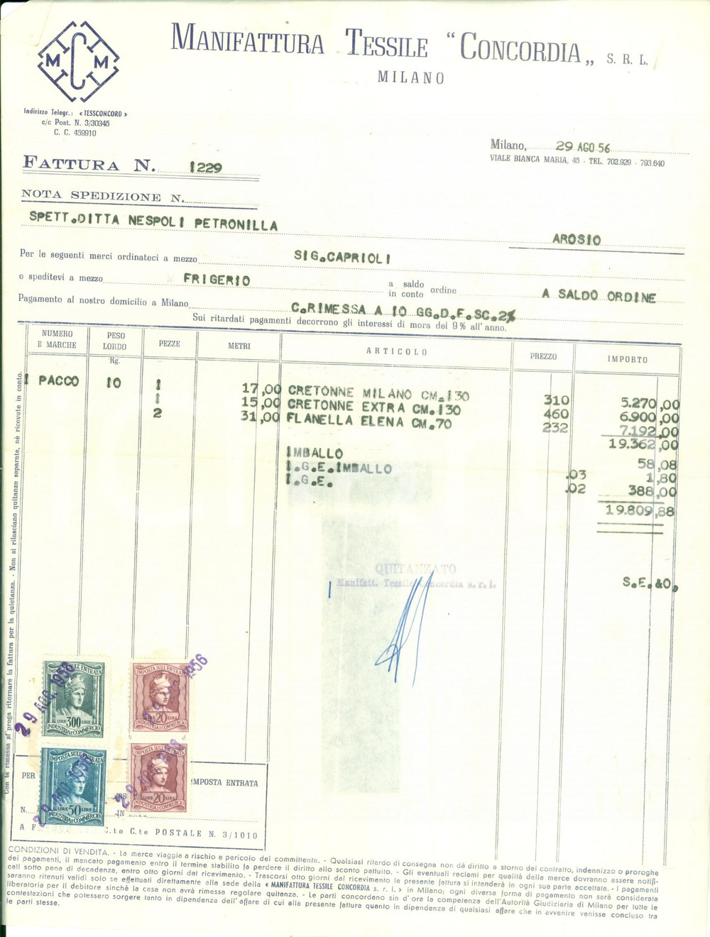 Documento originale, autentico 1956 MILANO Manifattura Tessile CONCORDIA Fattura intestata per cretonne 1