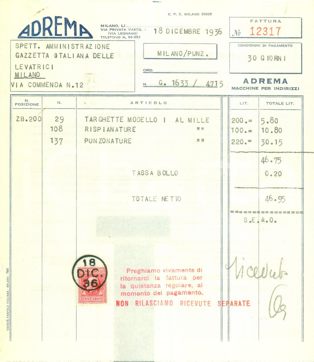 Documento originale, autentico 1936 MILANO Macchine per indirizzi ADREMA Fattura intestata 1