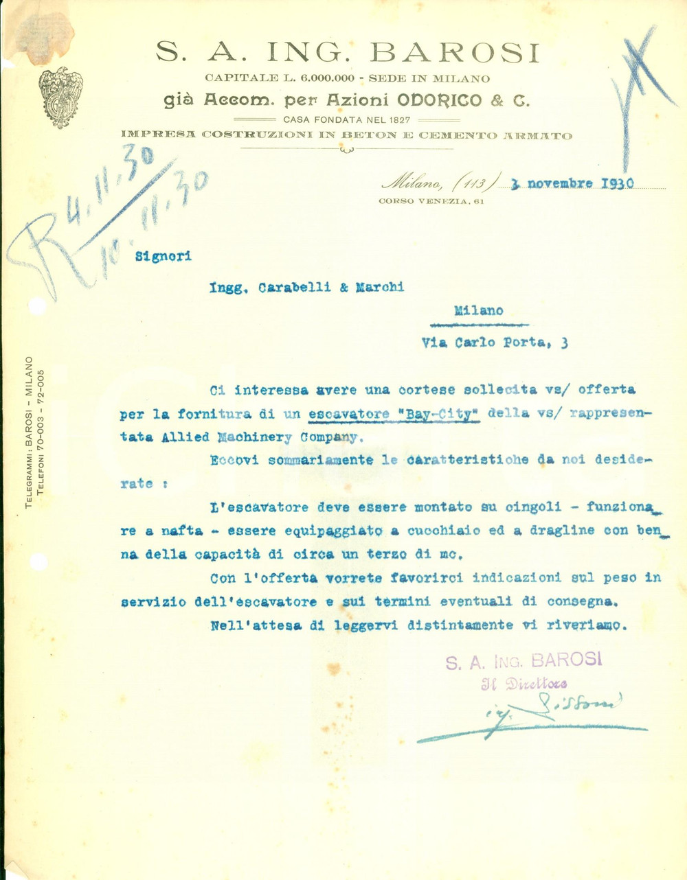 Documento originale, autentico 1930 MILANO S.A. Ing. BAROSI Costruzioni in beton e cemento armato Lettera 1