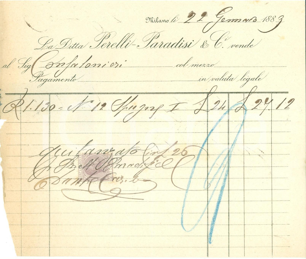 Documento originale, autentico 1883 MILANO Ditta PERELLI  PARADISI & C. vende spugne Fattura commerciale 1