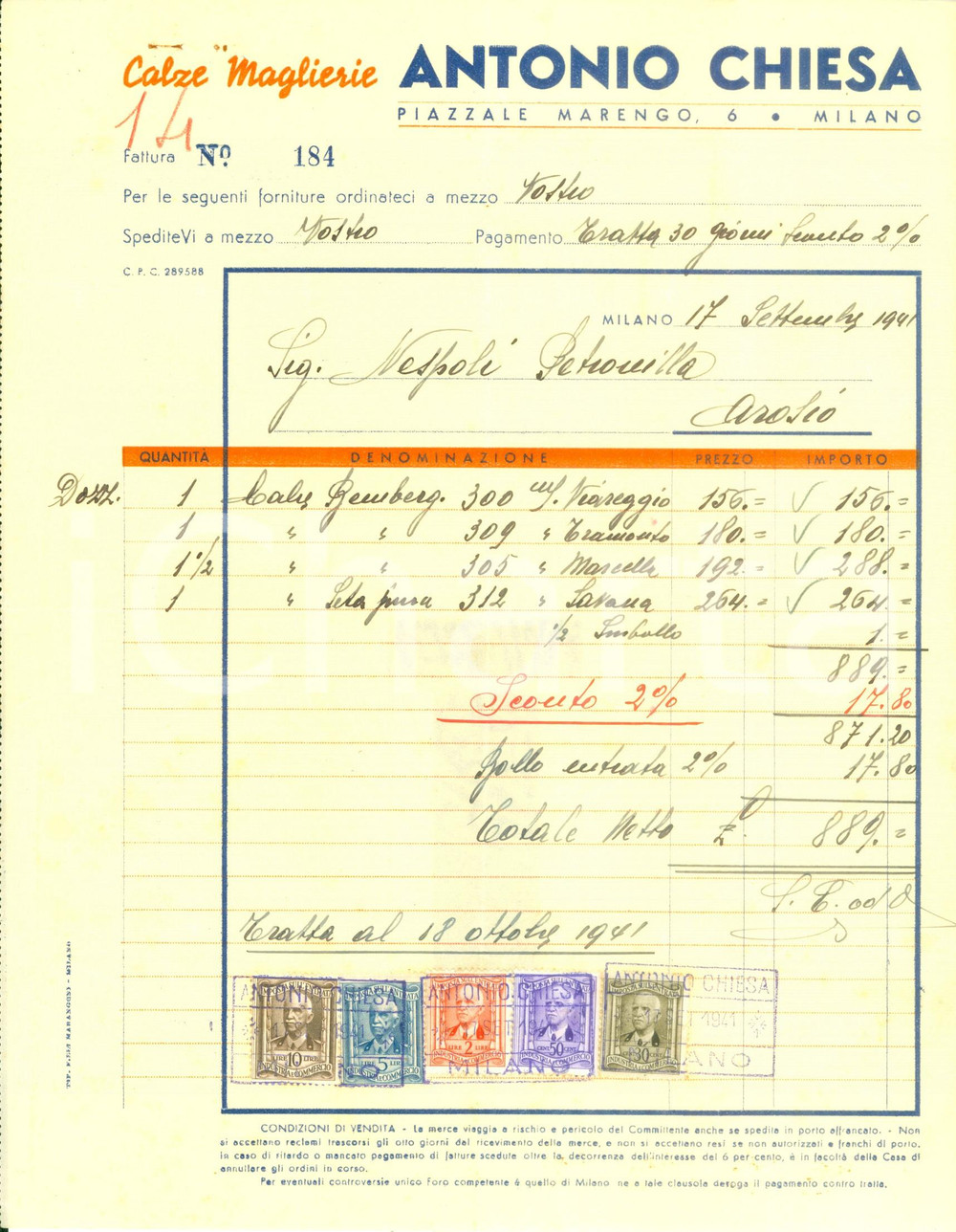 Documento originale, autentico 1941 MILANO Antonio CHIESA Calze maglierie Fattura commerciale 1