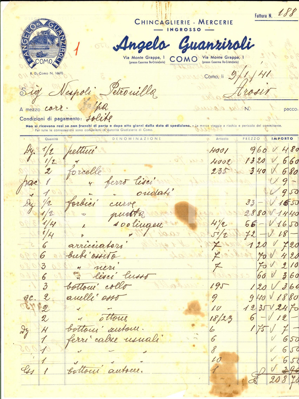 Documento originale, autentico 1941 COMO Angelo GUANZIROLI Chincaglierie e mercerie all ingrosso Fattura 1