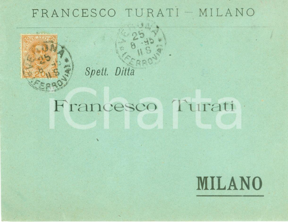 Materiale pubblicitario d’epoca 1895 MILANO Ditta Francesco TURATI Busta intestata priva di contenuto viaggiata 1