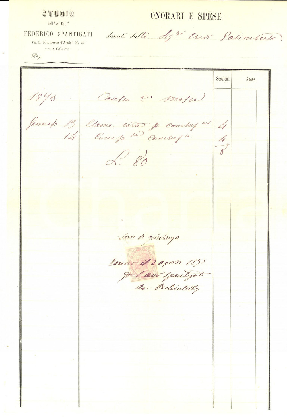 Manoscritto, lettera originale 1873 TORINO Parcella di Federico SPANTIGATI avvocato collegiato 1