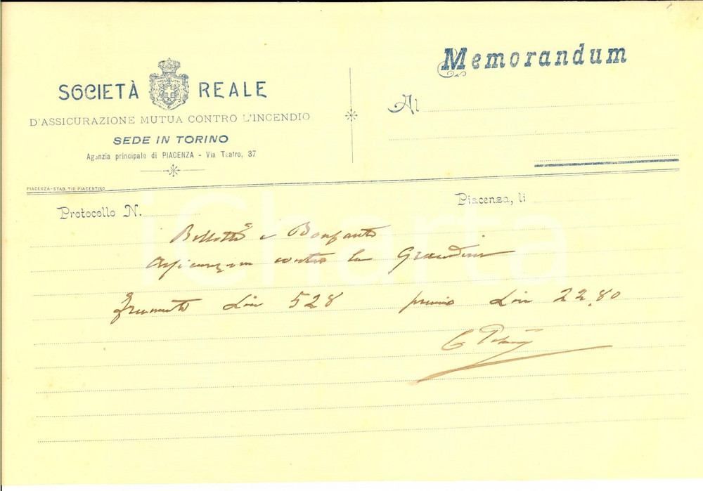 Documento originale, autentico 1910 ca PIACENZA SocietÃ  Reale Assicurazione mutua contro l incendio Memorandum 1