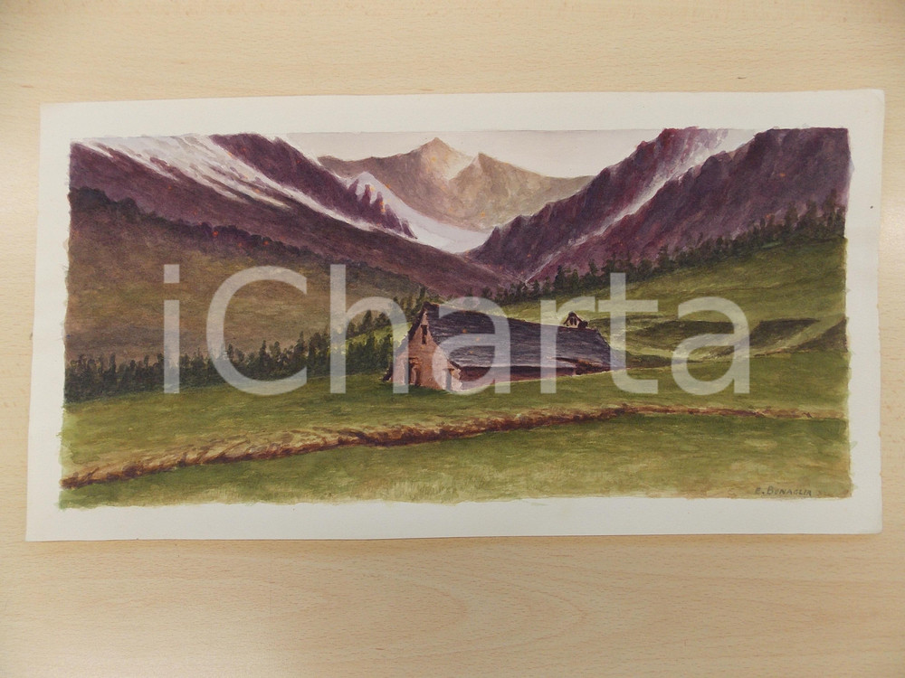 Stampa, bozzetto originale 1950 ca ARTE Paesaggio con baita in montagna Acquerello E. BONAGLIA 40 x 22 cm 1