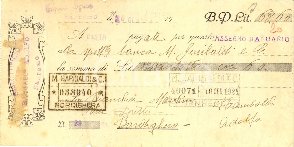 Oggetto da collezione cartaceo 1924 SANREMO IM Biscottificio RAMBALDI Adolfo Assegno timbro GARIBALDI & C. 1