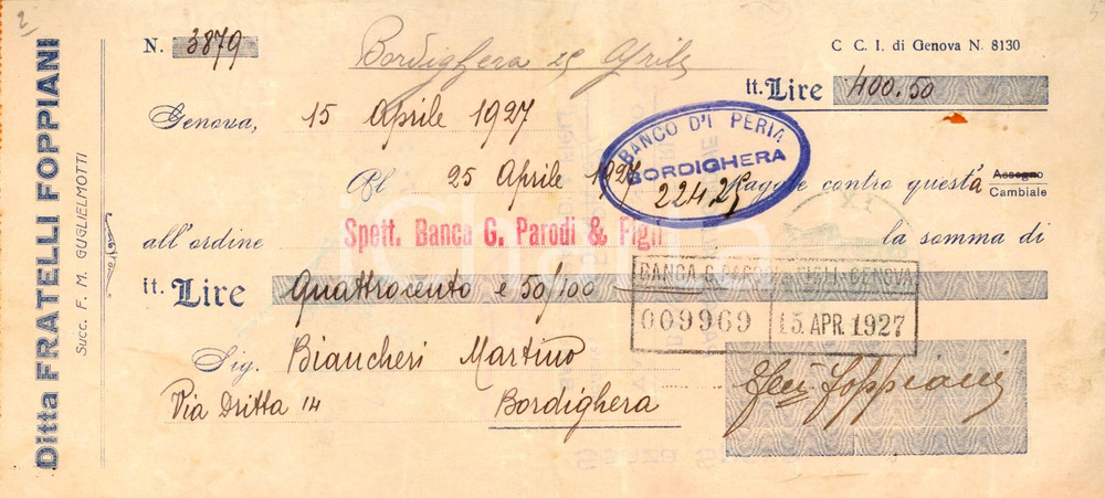 Oggetto da collezione cartaceo 1927 GENOVA Fratelli FOPPIANI successori GUGLIELMOTTI Cambiale pubblicitaria 1