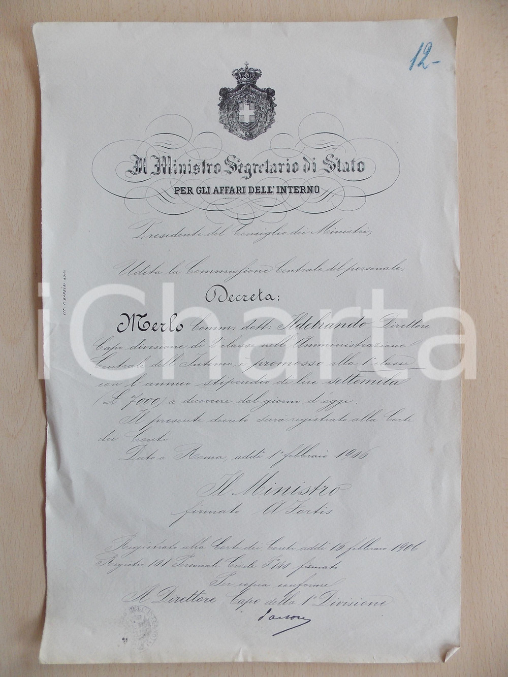 Documento originale, autentico 1906 ROMA Ministero dell Interno  Promozione direttore Ildebrando MERLO 1