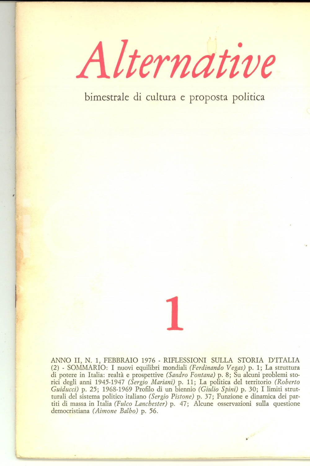 Giornale, rivista storica 1976 ALTERNATIVE La struttura di potere in Italia Rivista anno II nÂ° 1 1