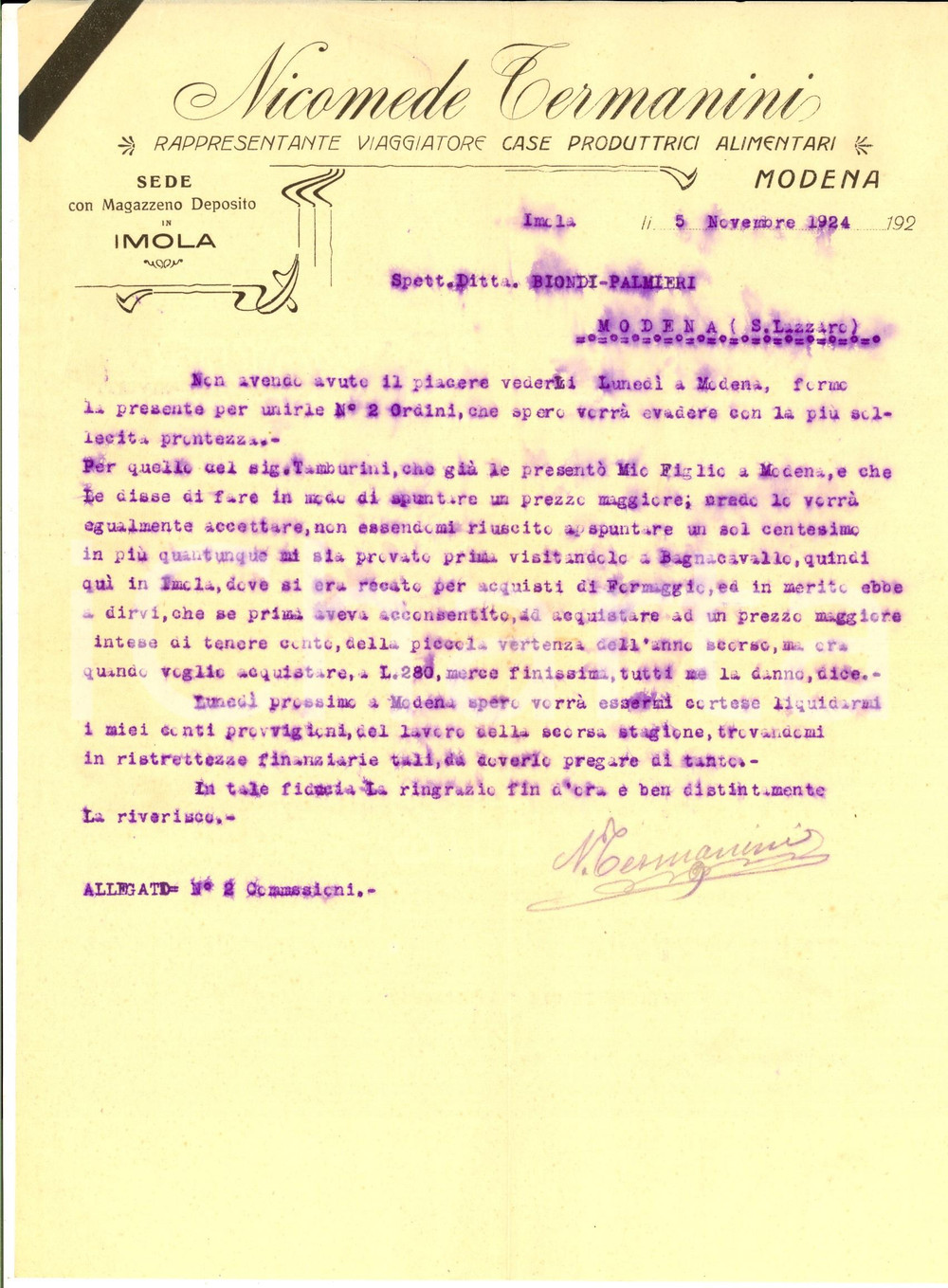Documento originale, autentico 1924 MODENA Lettera NicomedeTERMANINI su acquisti formaggio Intestata 1