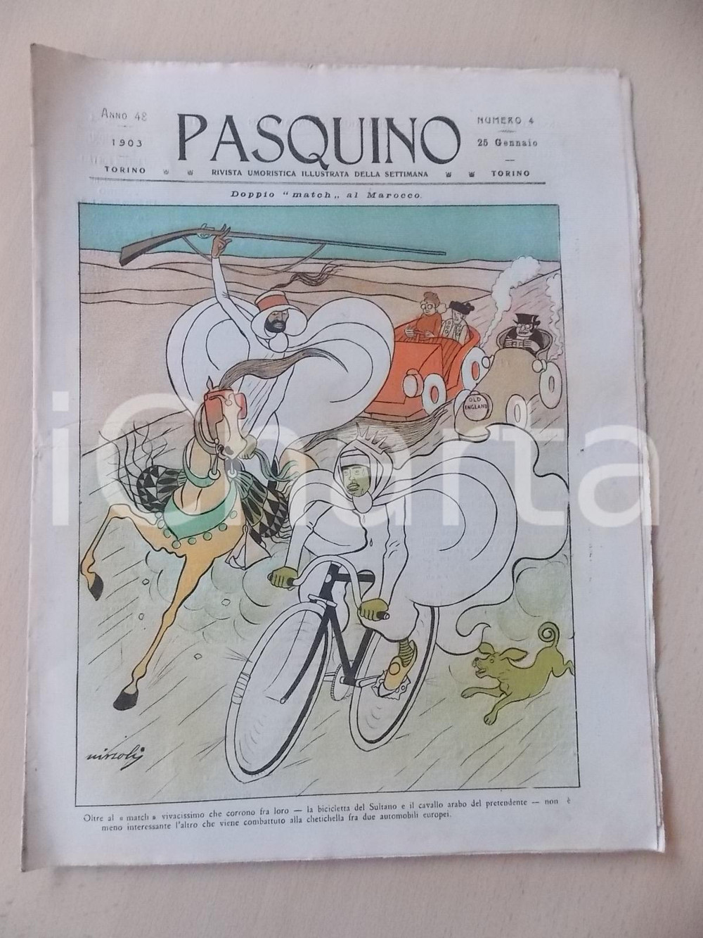 Giornale, rivista storica 1903 PASQUINO Rivista umoristica  Doppio match al Marocco Anno 48 nÂ°4 1