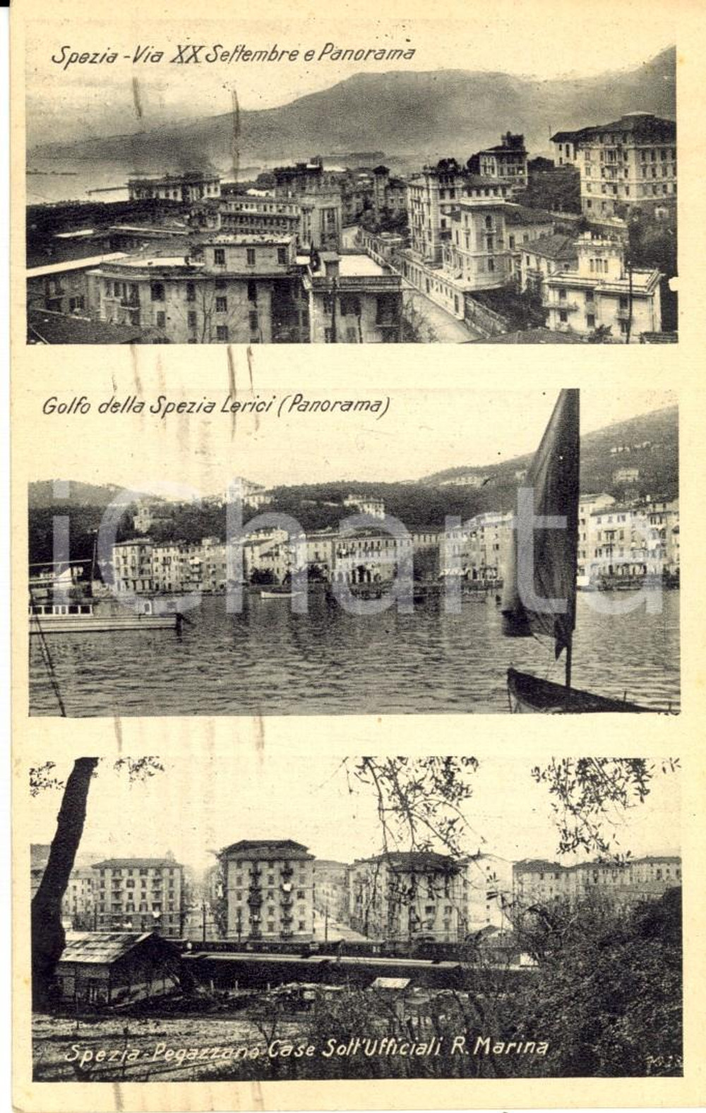Cartolina originale da collezione 1936 LA SPEZIA Vedutine Via XX SETTEMBRE e Golfo di LERICI Cartolina FP VG 1