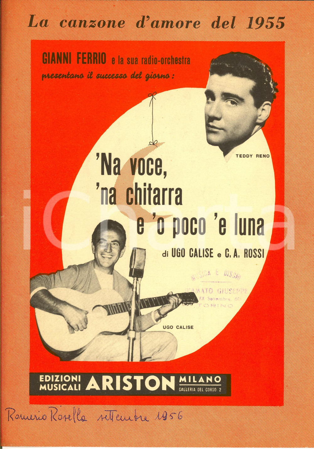 Oggetto da collezione cartaceo 1955 Teddy RENO  Na voce  na chitarra e  o poco  e luna Spartito ARISTON 1