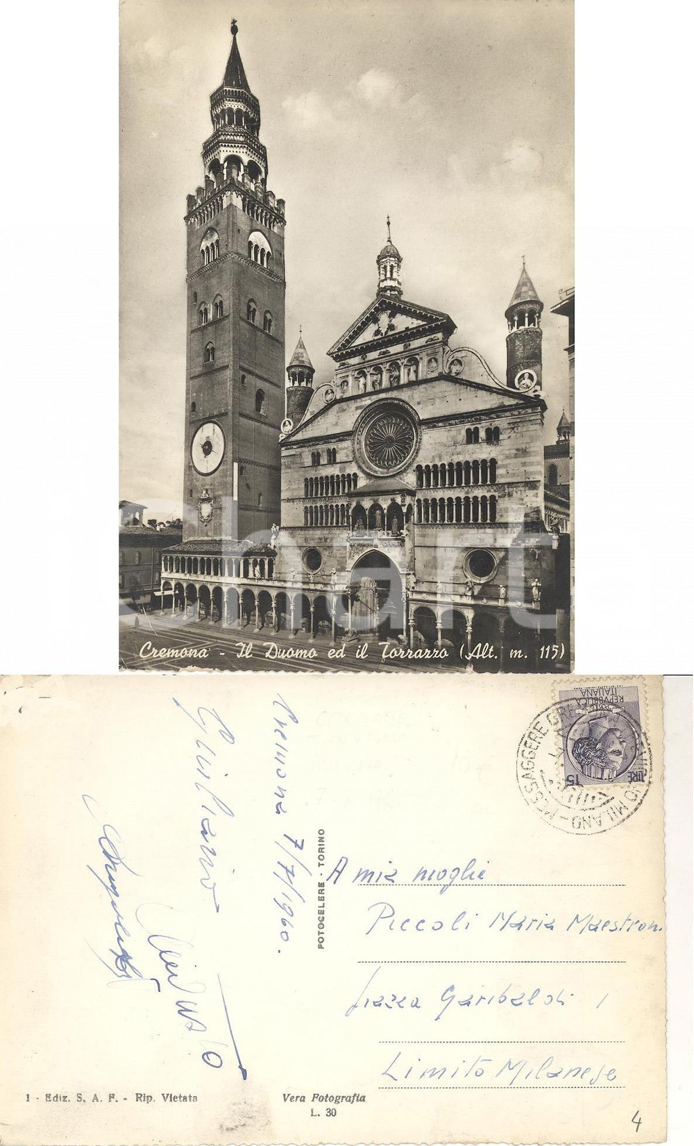 Cartolina originale da collezione 1960 CREMONA Duomo e Torrazzo Cartolina annullo Messaggerie Cremona 1