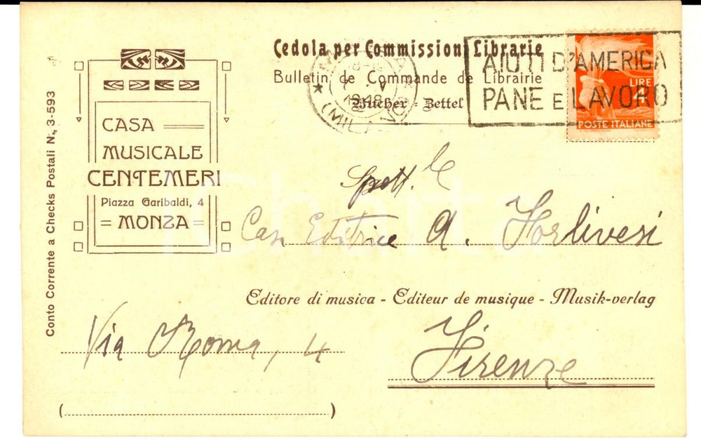 Cartolina originale da collezione 1948 MONZA Casa Musicale CENTEMERI Cedola commissioni librarie AIUTI D AMERICA 1