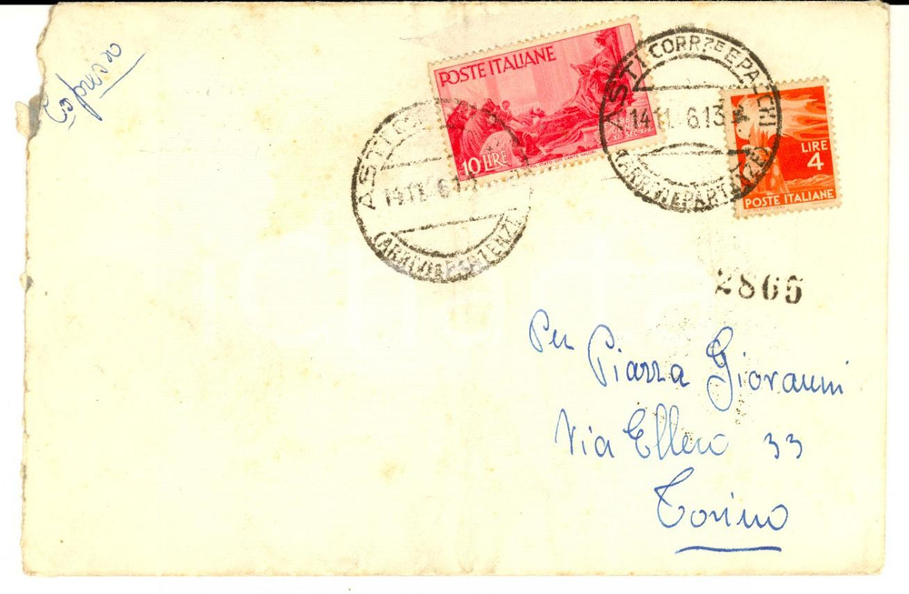 Cartolina originale da collezione 1946 STORIA POSTALE REPUBBLICA Busta affrancatura mista L. 10 + L. 4 espresso 1