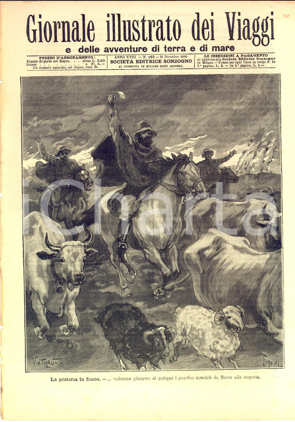 Giornale, rivista storica 1899 GIORNALE ILLUSTRATO DEI VIAGGI La prateria in fuoco Ill. TOFANI nÂ° 182 1