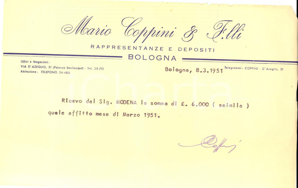 Documento originale, autentico 1951 BOLOGNA Mario COPPINI & F.lli Rappresentanze e depositi Ricevuta 1