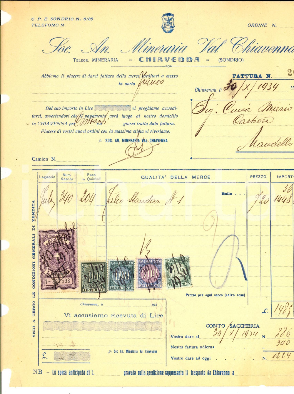 Documento originale, autentico 1934 CHIAVENNA SO Soc. An. Mineraria VAL CHIAVENNA Fattura intestata 1