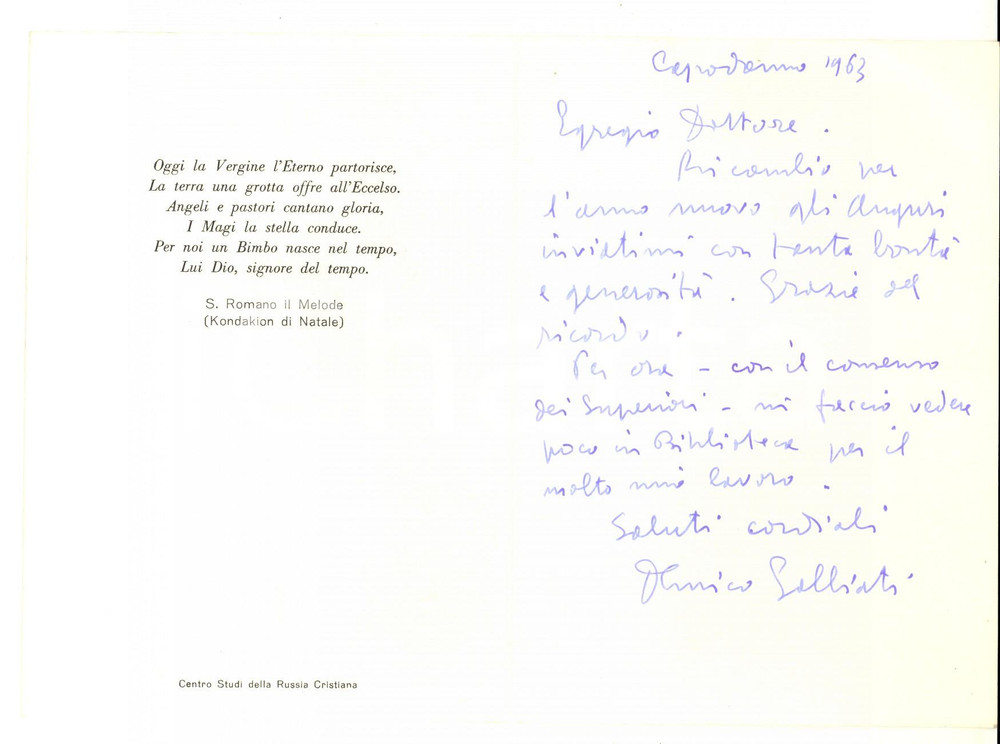 Autografo originale 1963 MILANO Auguri don Enrico GALBIATI prefetto Biblioteca AMBROSIANA Autografo 1