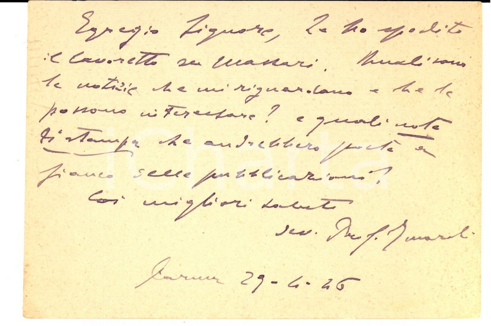Autografo originale 1946 PARMA Istituto Giuridico  Cartolina prof. FENAROLI su invio articolo 1