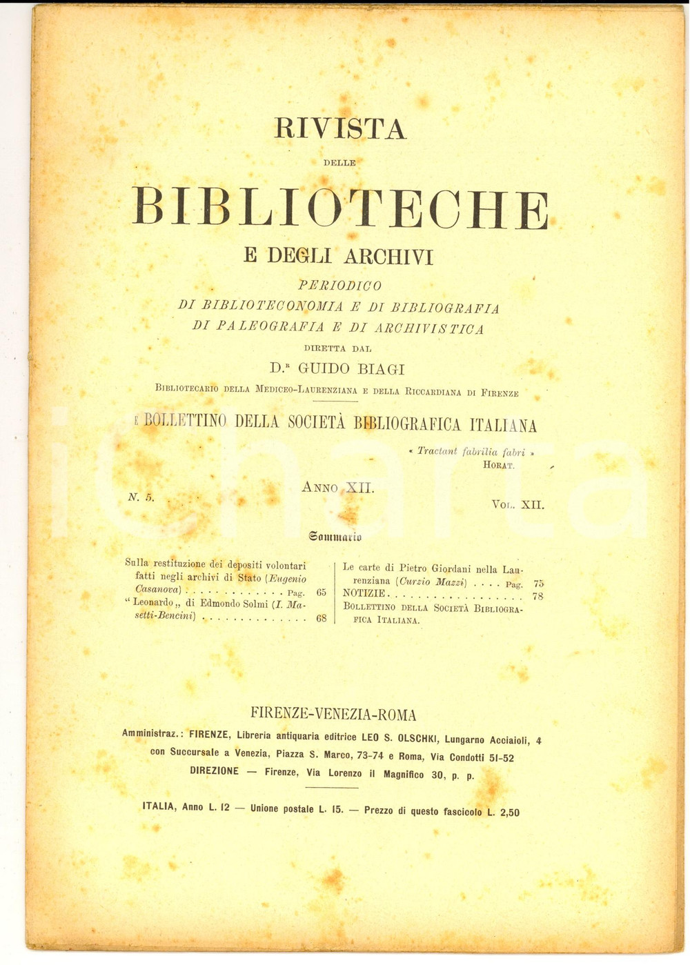 Giornale, rivista storica 1901 RIVISTA DELLE BIBLIOTECHE E DEGLI ARCHIVI Leonardo di Edmondo SOLMI 1