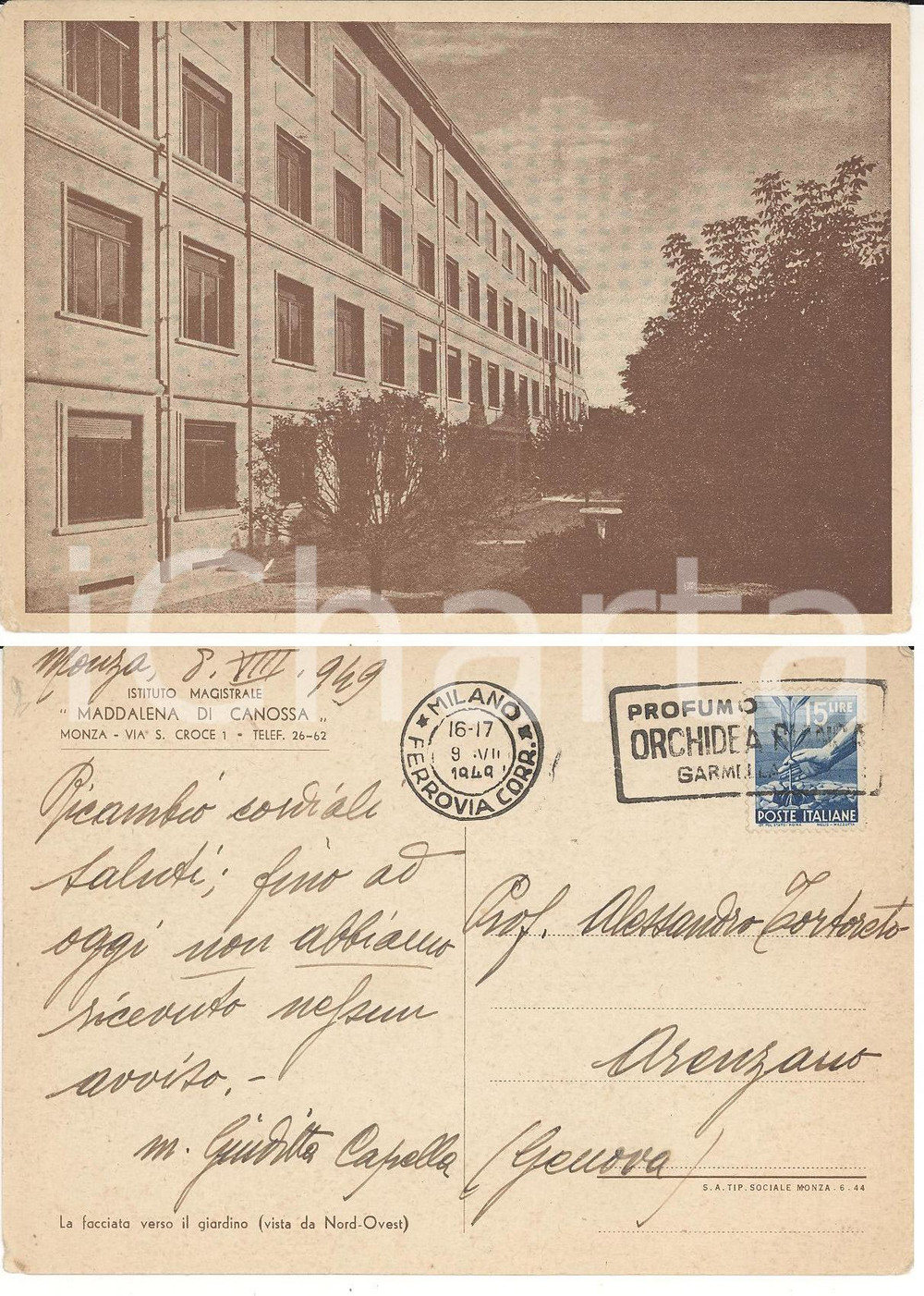 Autografo originale 1949 MONZA Ist. Magistrale MADDALENA DI CANOSSA Cartolina madre Giuditta CAPELLA 1