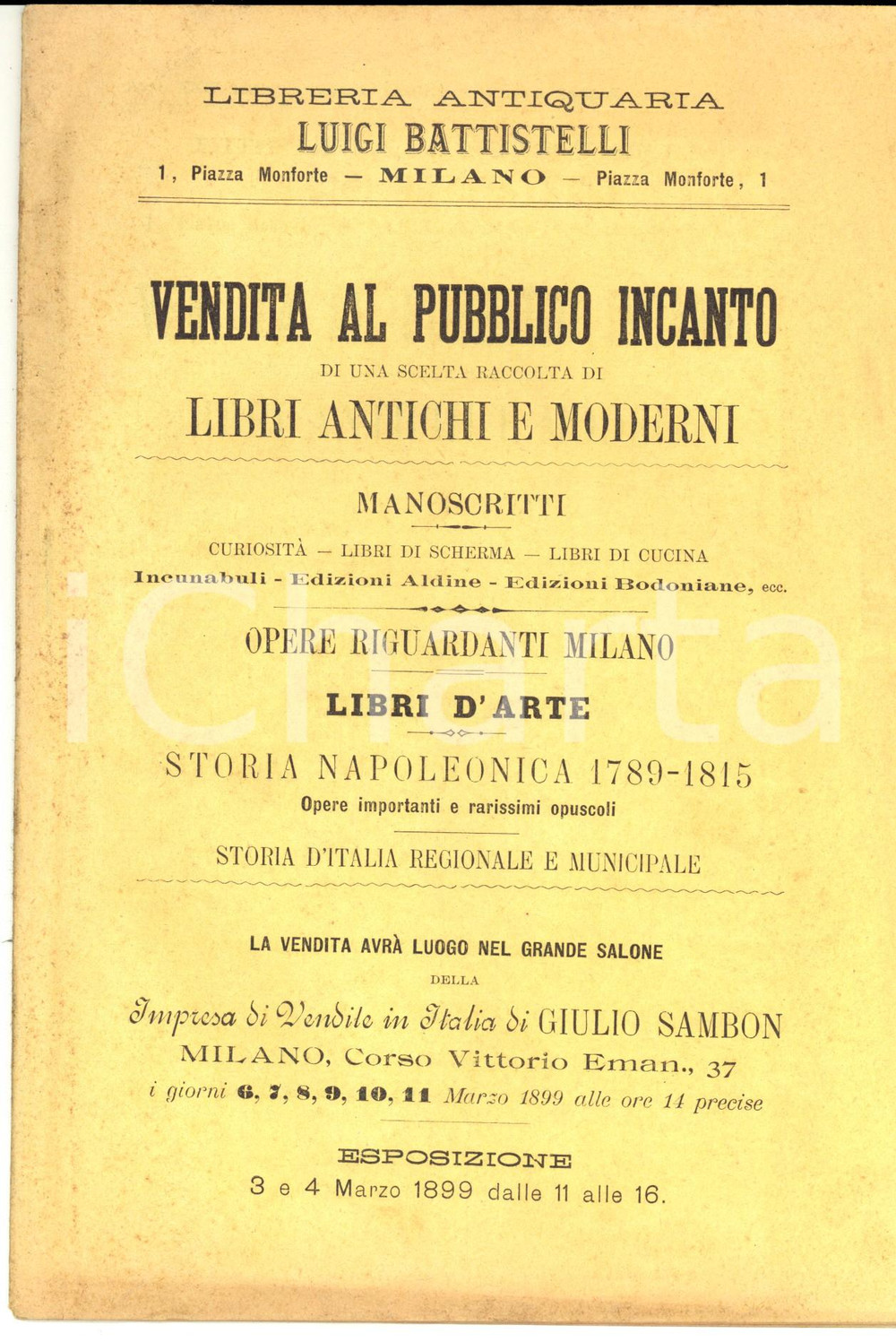 Libro, pubblicazione d epoca 1899 MILANO Libreria antiquaria LUIGI BATTISTELLI Asta opere Milano e Napoleone 1