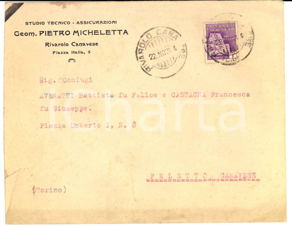 Cartolina originale da collezione 1944 STORIA POSTALE RSI Busta affrancatura L. 21 Abbazia di Montecassino 1