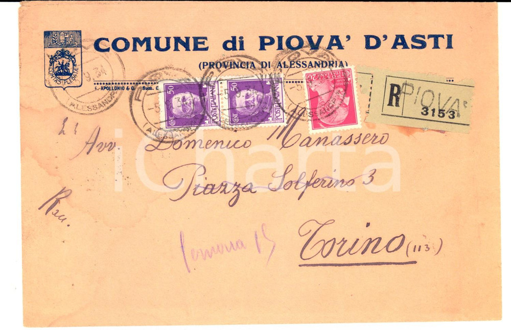 Documento originale, autentico 1934 STORIA POSTALE REGNO PIOVA  D ASTI Busta raccomandata 50 cent. + 20 cent. 1
