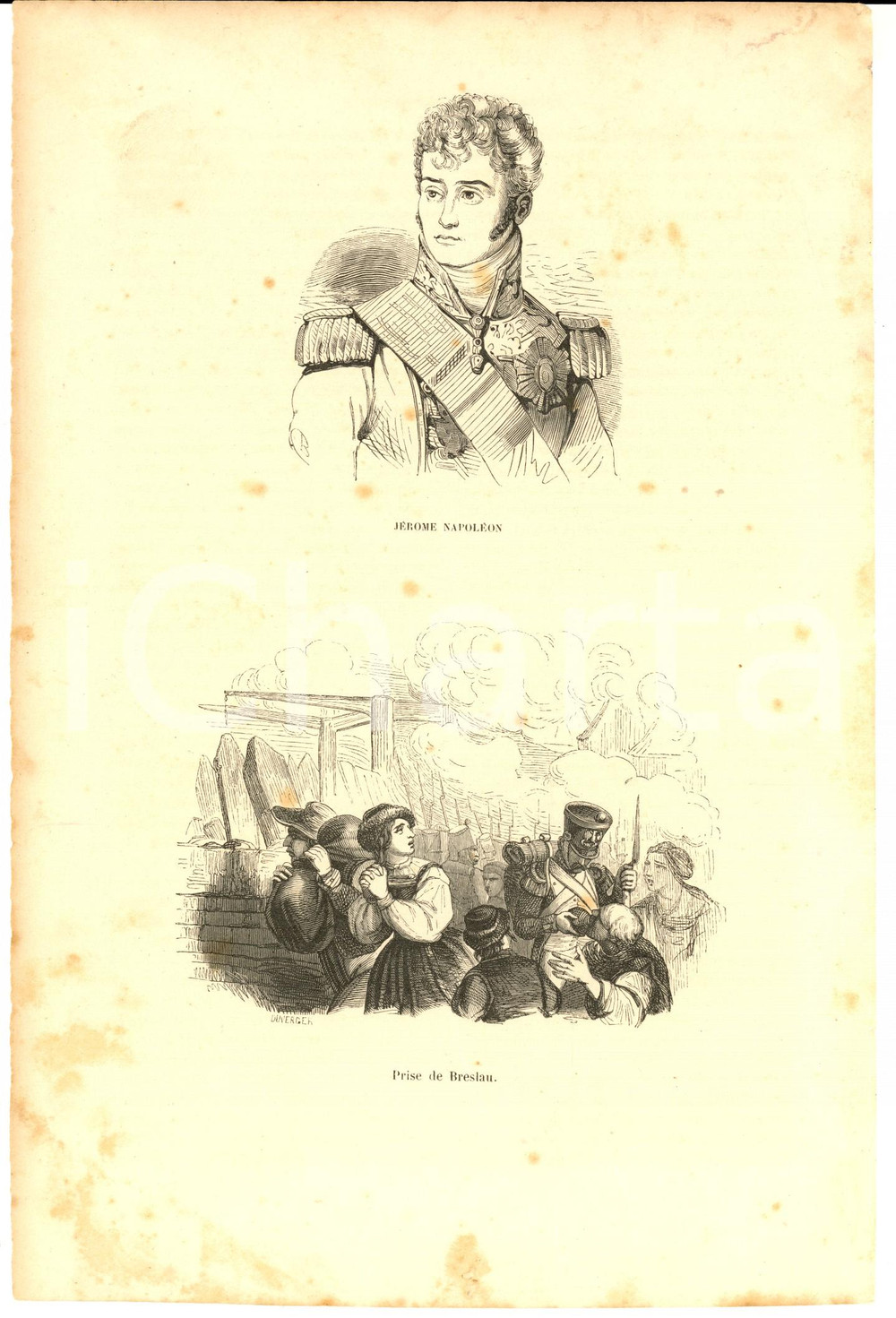 Stampa, bozzetto originale 1850 ca Jerome NAPOLEON  Prise de BRESLAU  Stampa antica cm 17x27 1