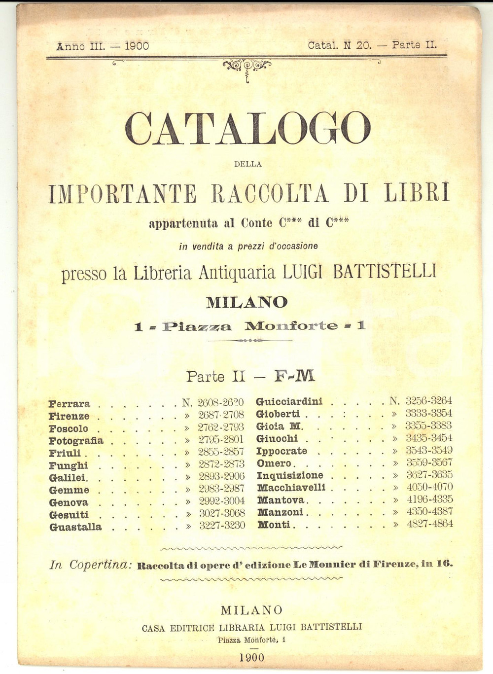 Libro, pubblicazione d epoca 1900 MILANO Catalogo Luigi BATTISTELLI  Libri Conte C di C parte 2 1