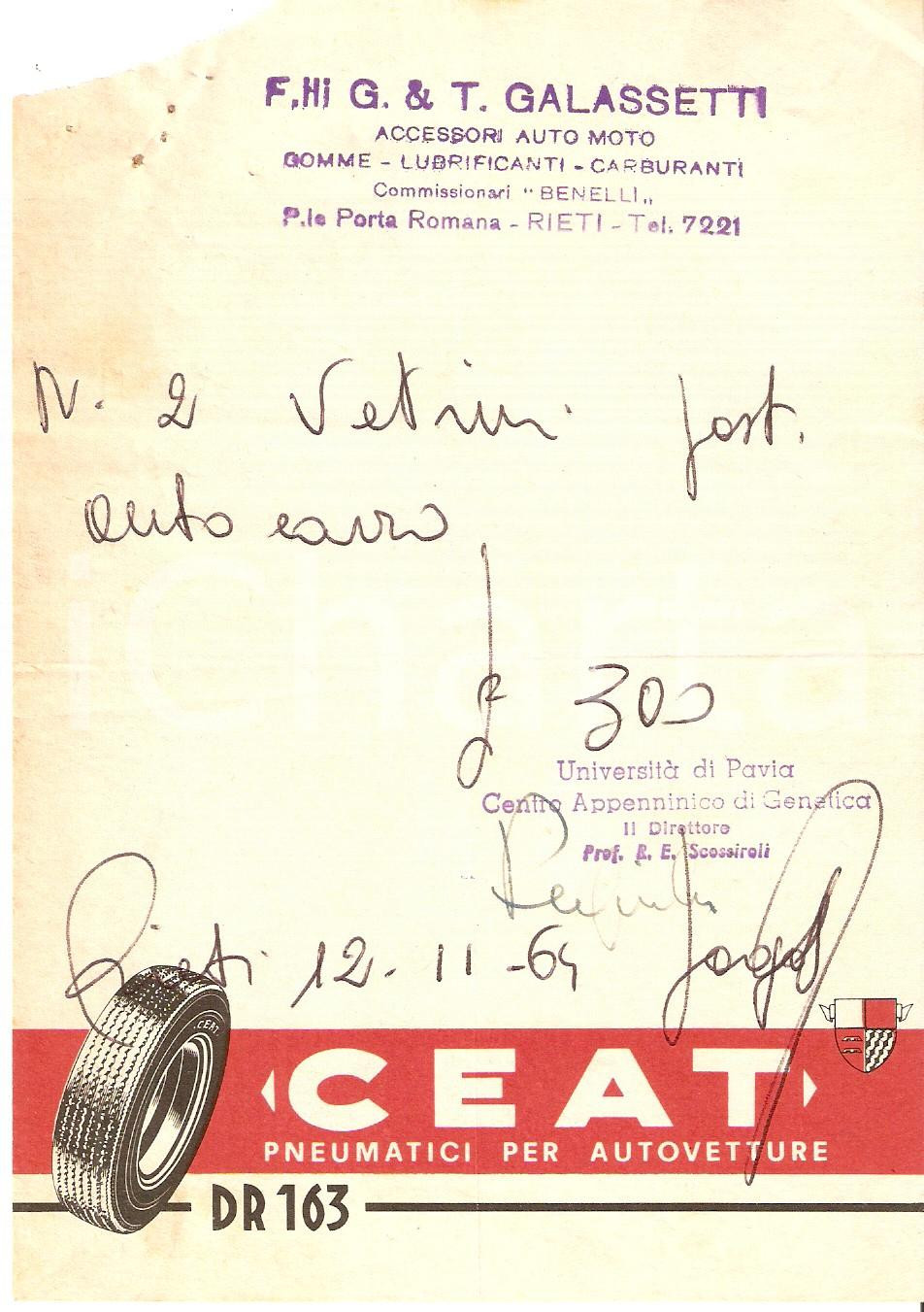 Materiale pubblicitario d’epoca 1964 RIETI Officina Fratelli GALASSETTI Pneumatici CEAT Ricevuta 12x17 cm 1