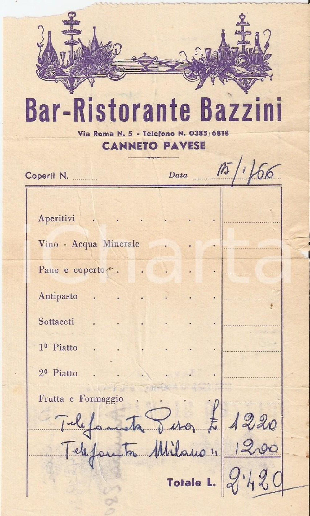 Materiale pubblicitario d’epoca 1966 CANNETO PAVESE PV Bar Ristorante BAZZINI Ricevuta ILLUSTRATA 1