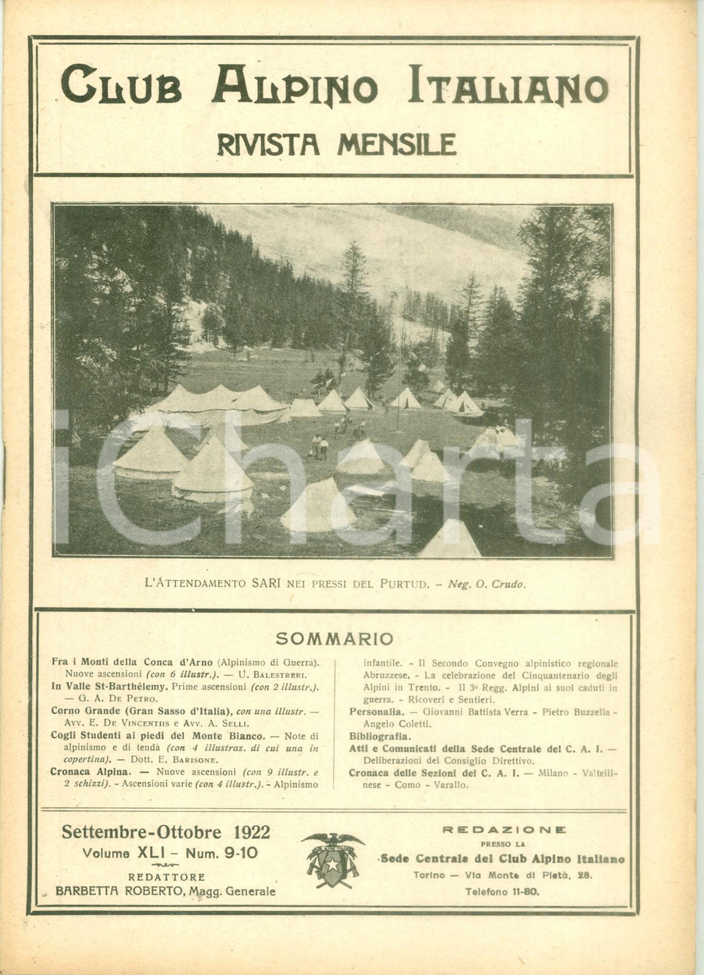 Giornale, rivista storica 1922 RIVISTA CLUB ALPINO ITALIANO Fra i monti Conca d ARNO Rivista XLI n. 910 1