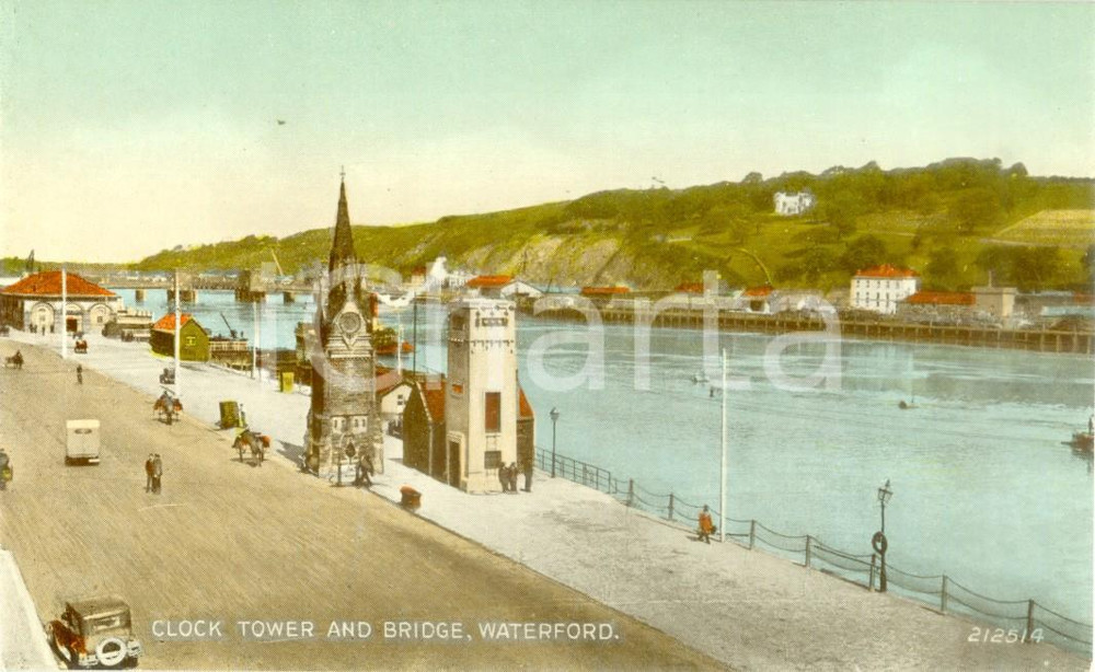 Cartolina originale da collezione 1953 WATERFORD IRLANDA Clock Tower and Bridge Cartolina postale FP NV 1